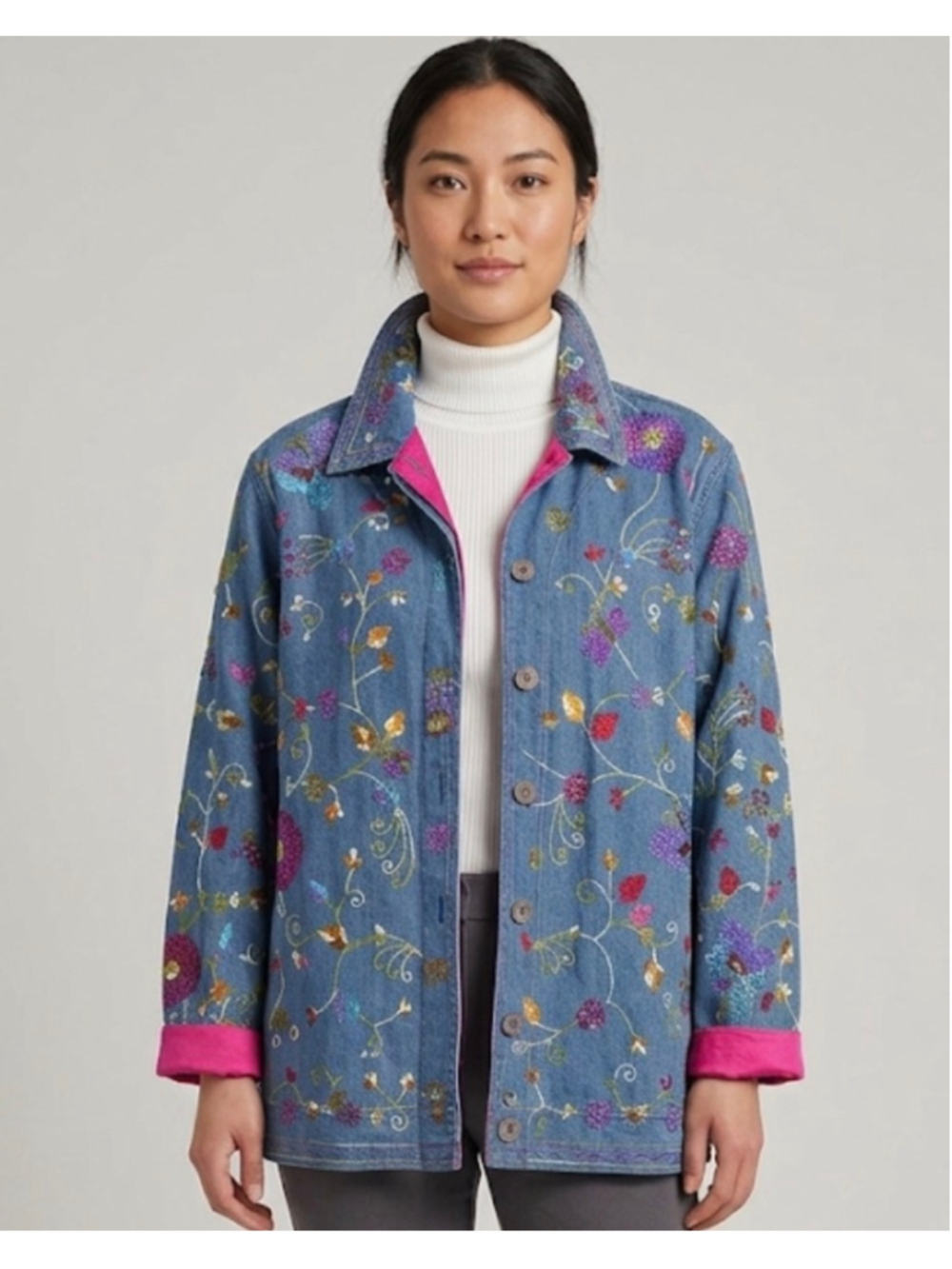 The Quacker Factory Jean Jacket M Blue Pink Embroidered